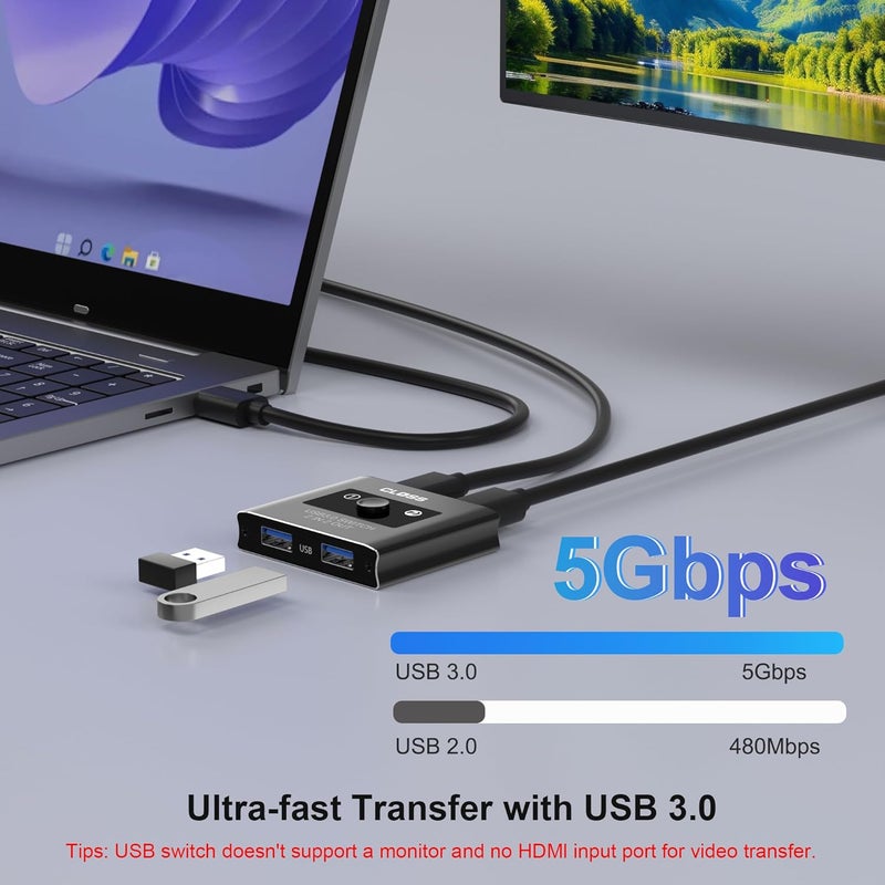 Closs USB 3.0 Switch 2 in 2 Out, USB Switcher for 2 Computers, Share Keyboard, Mouse, Printer, Scanner, KVM Switch Selector, Compatible with Windows, Mac, Linux, Includes 2 USB-A 3.0 Cables - Image 4